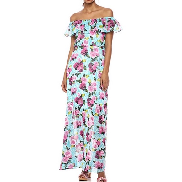 Betsey Johnson Dresses & Skirts - Betsey Johnson Pink/Blue Floral Maxi Dress Off The Shoulder Side Zipper Size 12